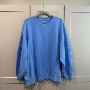 Aerie Oversized Blue Crewneck Crochet Detail Sweatshirt